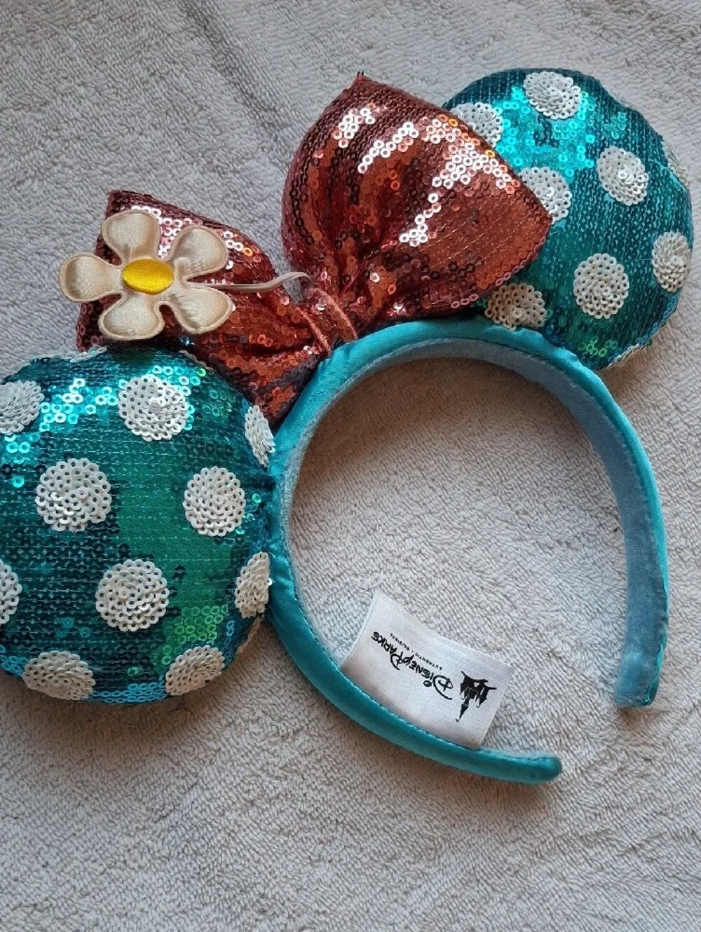 Disneyland Teal & White Polka Dot Minnie Mouse Ears Headband Pink Bow Flower